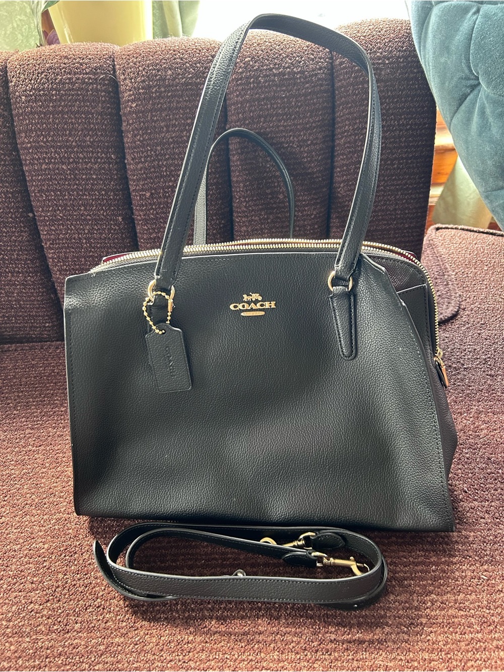Coach Pebbled Leather Double Zip Shoulder Bag Black & Red